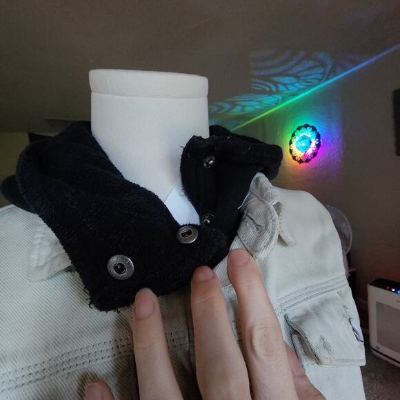 Free People White Black Layered Hoodie Acid Wash Denim Button Up Distressed Sz S - Picture 5 of 8